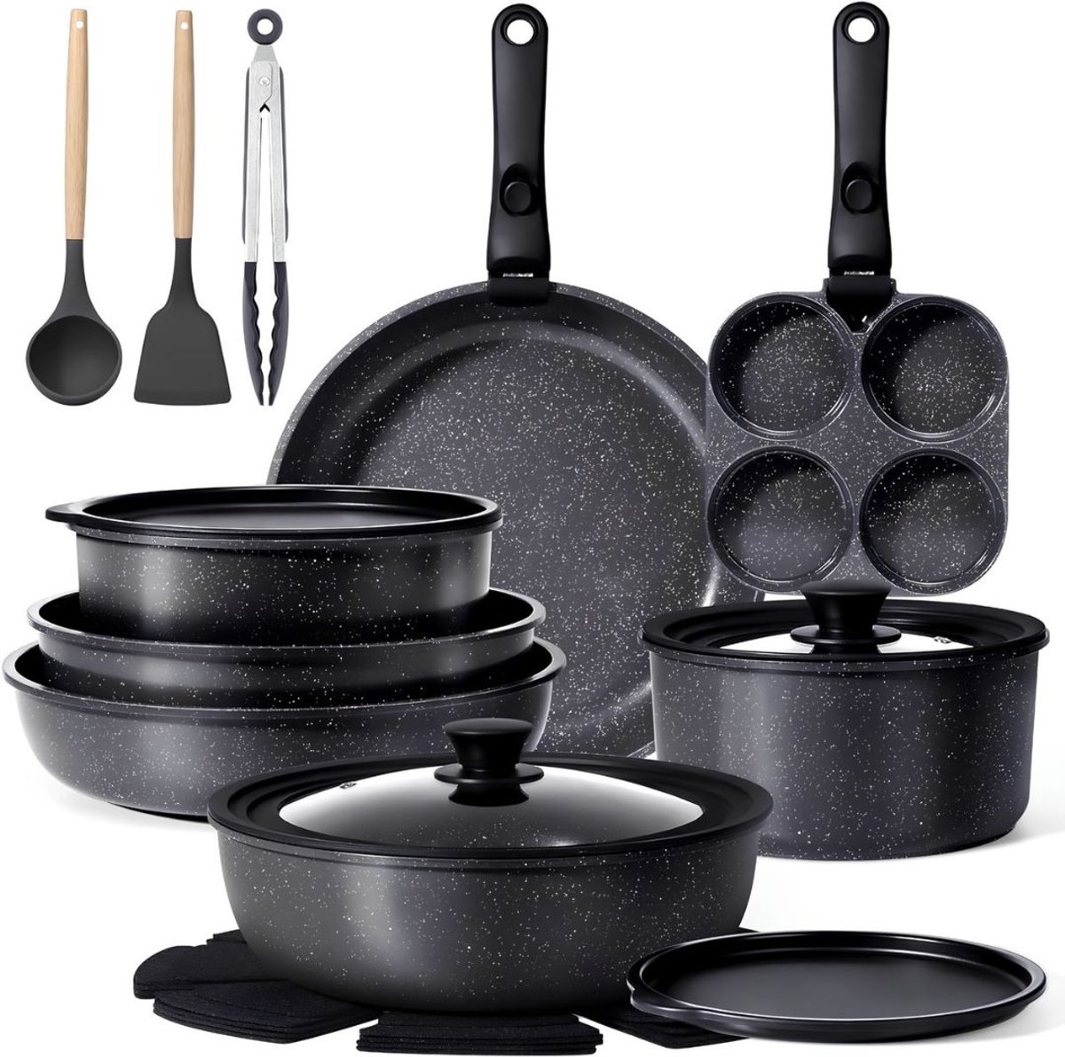 SP® Pannenset - 21 Stuks Pannen - Pannenset Inductie - Zwart - 33cm x 28cm x 18cm