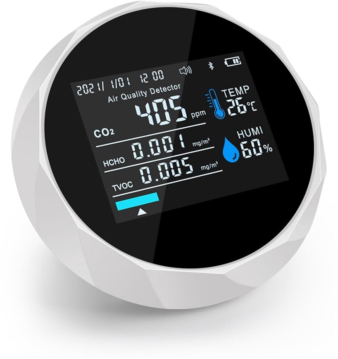 Luchtkwaliteitsmonitor - Gasdetector Vochtigheidssensor - Binnenlucht Meten - 5-in-1 Multifunctioneel - LCD Kleurendisplay - Wit