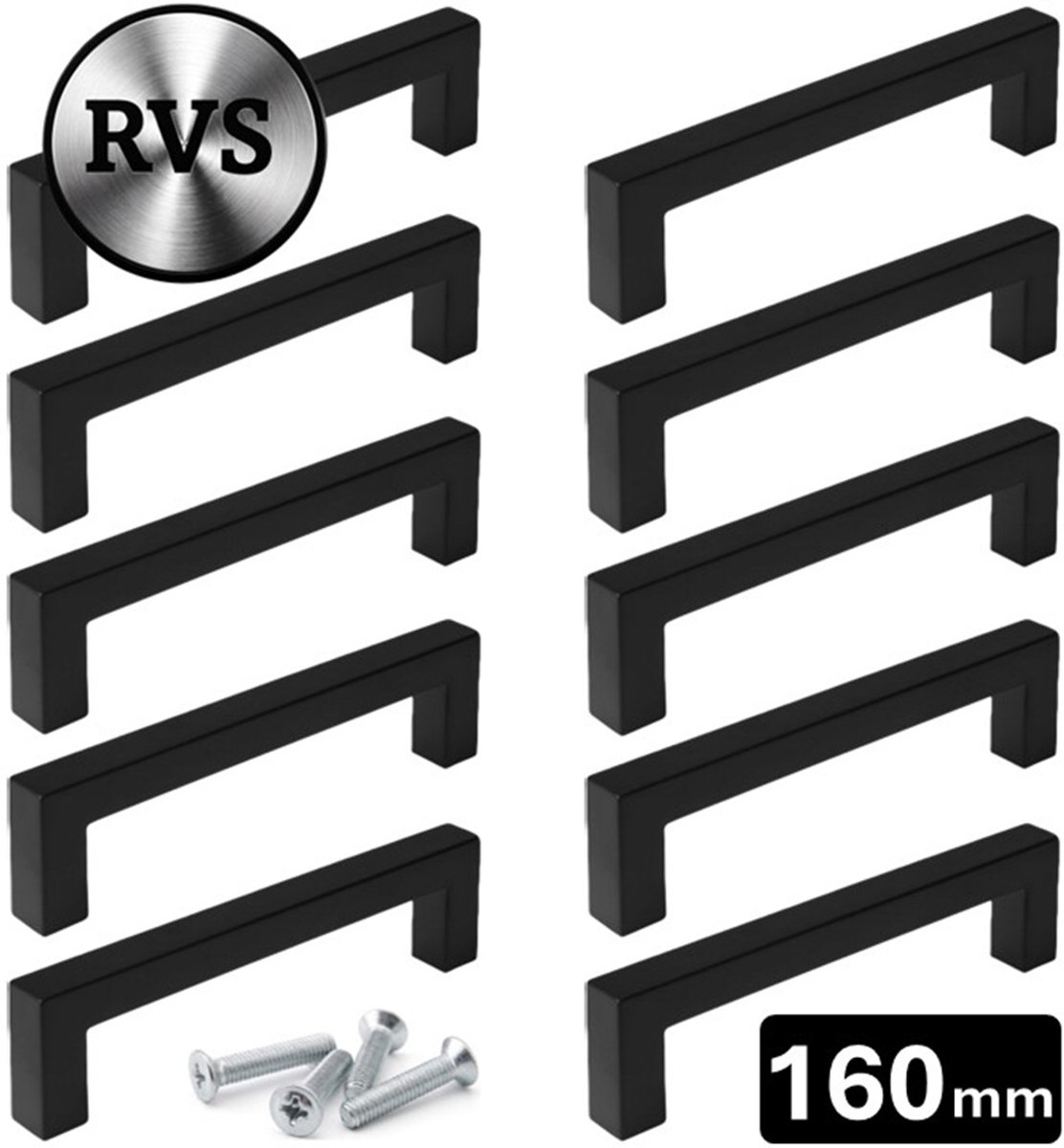 10 X MSQDESIGN Handgrepen RVS zwart - Boormaat 160mm - zwarte Handgreep voor Keuken & Kast - Moderne Meubelgreep - Keukengreep Mat zwart -Kastgrepen- zwarte Greepjes Keuken - zwarte RVS Handvatten - Deurgreepjes -incl schroevene