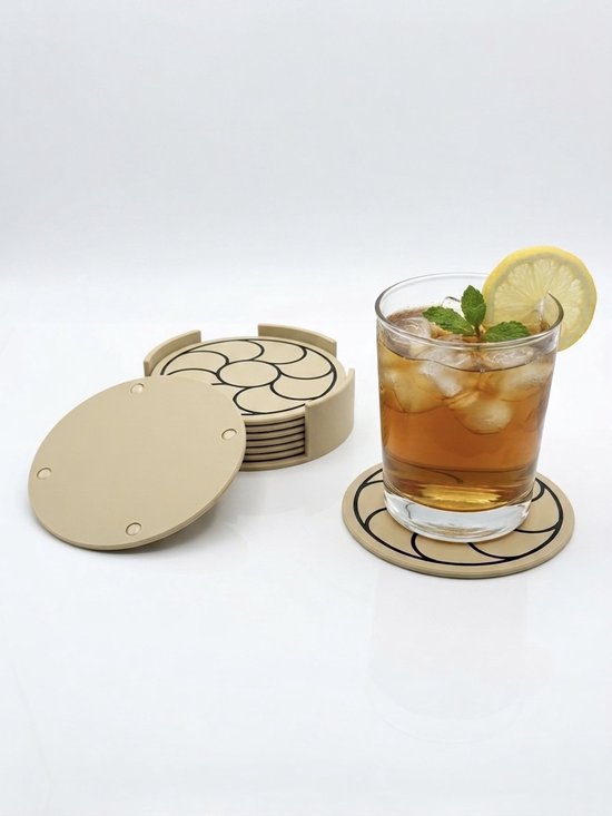 Nexus Onderzetters met Houder (Set van 8)- Glazen onderzetters - Antislip - Geometrisch Japandi Design - beige/zwart - 3D geprint
