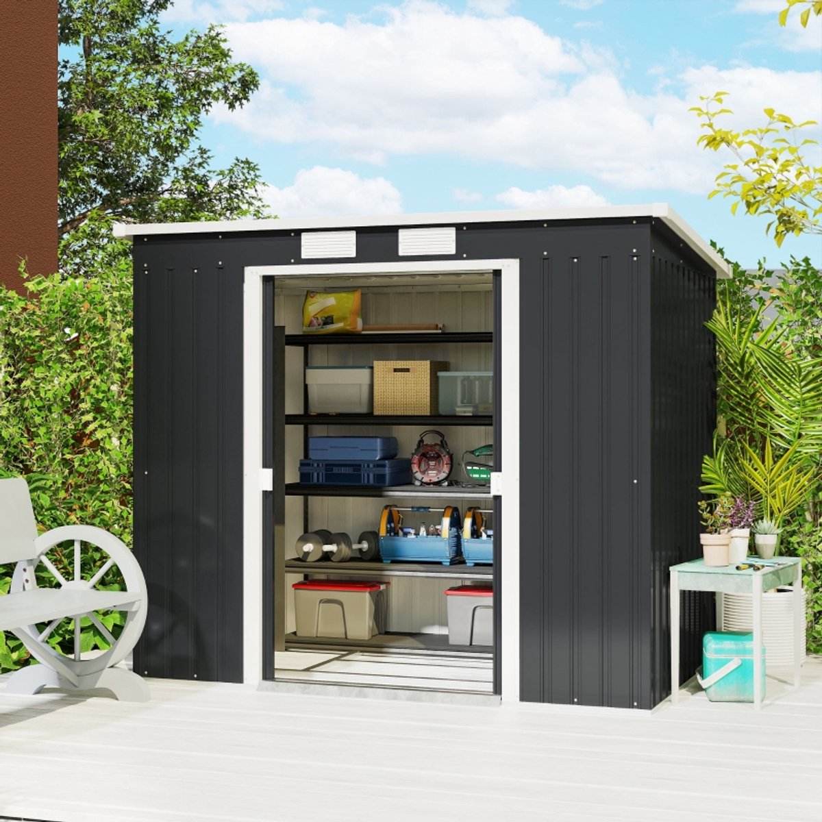 Tuinhuis Metaal, Metalen Schuurtje, Tuinberging Metaal, Gereedschapshok, Buitenopslag Schuur, Tuinschuur Met Ventilatieramen, Schuifdeuren, Gegalvaniseerd Staal, 213 X 130 X 172 Cm, Donkergrijs