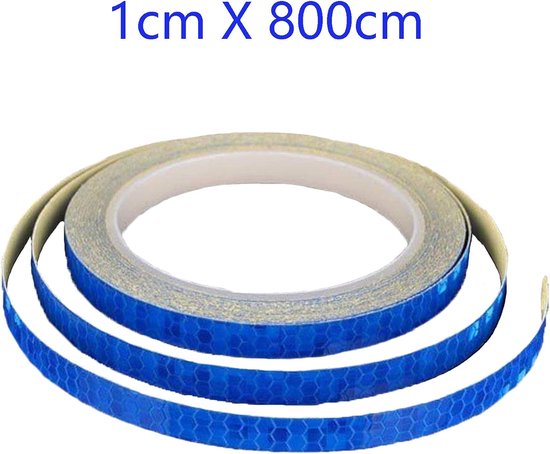 Rol blauwe reflecterende tape met honingraatpatroon, '1cm X 800cm' in tekst.
