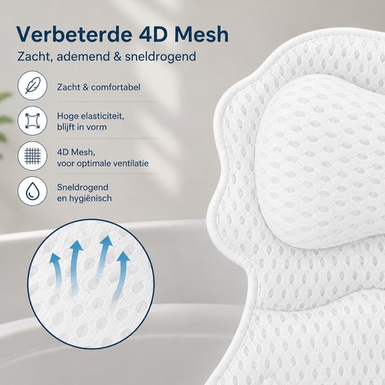 Wit 4D mesh badkussen met gedetailleerde textuur en pijl-animatie voor ventilatie.