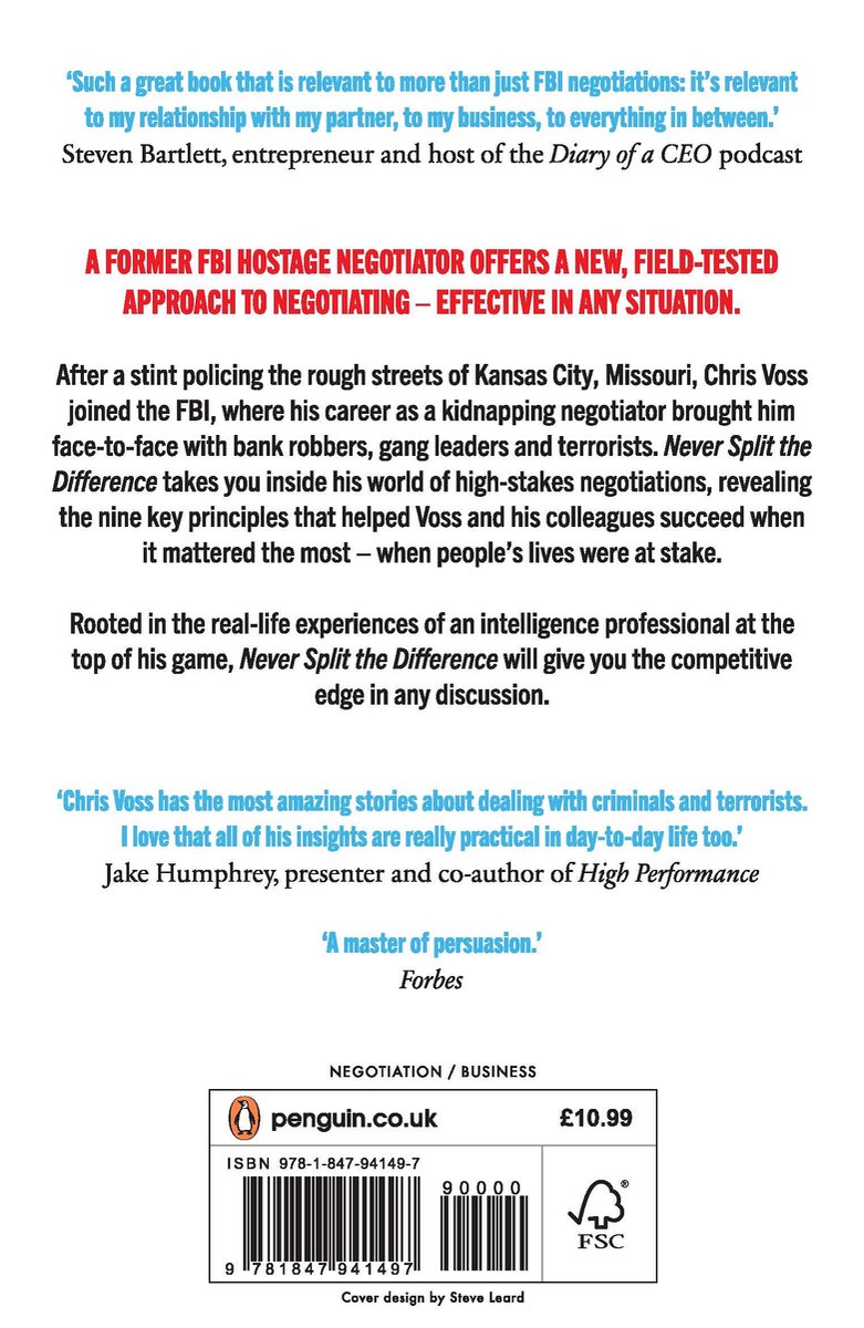 Couverture de livre avec le titre 'Never Split the Difference' en rouge et noir, avec des citations de Steve Bartlett et Jake Humphrey, et des informations sur l'auteur Chris Voss.