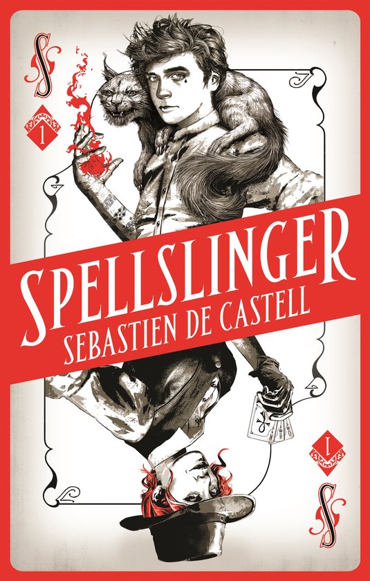 Couverture de livre de 'Spellslinger' avec un jeune homme portant un chat autour de son cou, du feu dans sa main.