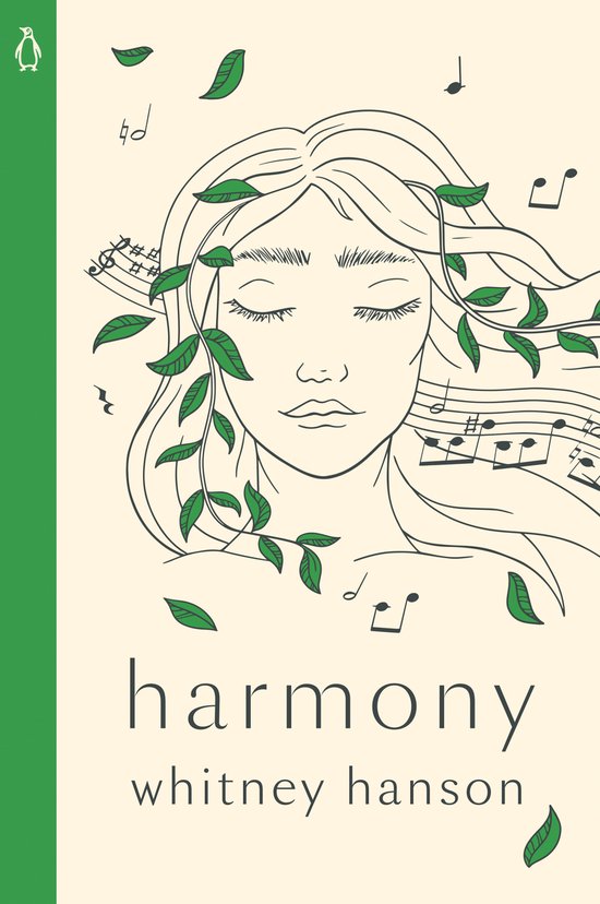 Couverture du livre 'Harmony' de Whitney Hanson avec une illustration d'un visage de femme entouré de notes de musique et de feuilles.