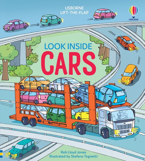 Boekcover 'Look Inside Cars' met een vrachtwagen die auto's vervoert en auto's op een snelweg.