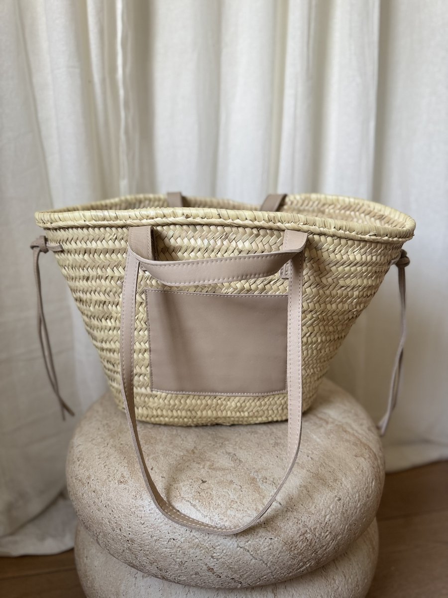 Strandtas - Beige - Leder - Riet - Palmblad - 100% Natuurlijke Materialen - Boodschappentassen - 55 (L) x 36 (H) - Strandtassen - Rieten strandtas - Lange en korte hengsel - Vakantietas - Zomertas