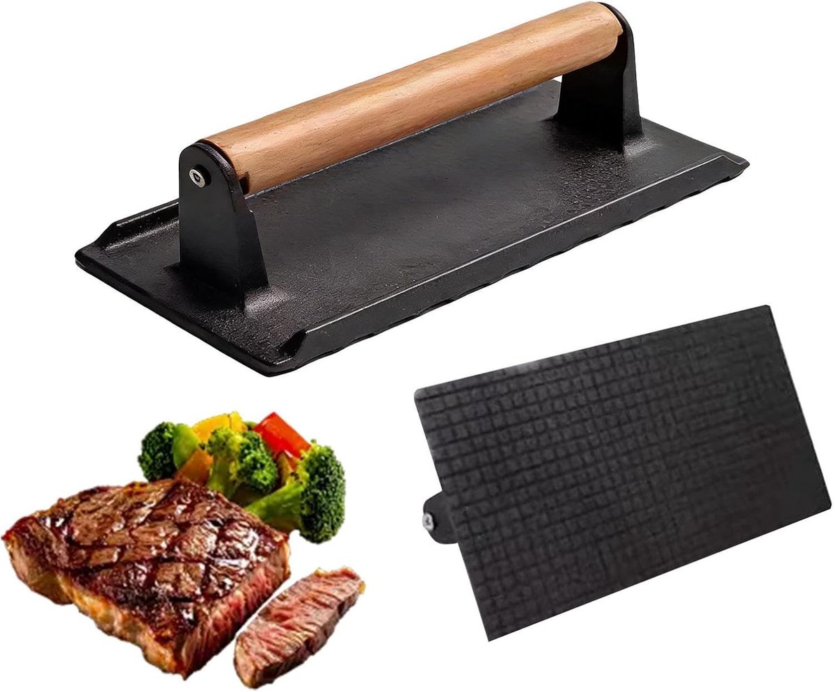 Vleespers Ijzer - Hamburgerpers Keuken - Grillen en Bakken - Houten Handgreep - 16 cm Lengte - Zwart