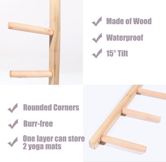 Yogamathouder Houten - Fitnessrek Wandmontage - Sportspullen Opbergen - Ruimtebesparend Verticaal - Tot 158cm - Houtkleur — afbeelding 5