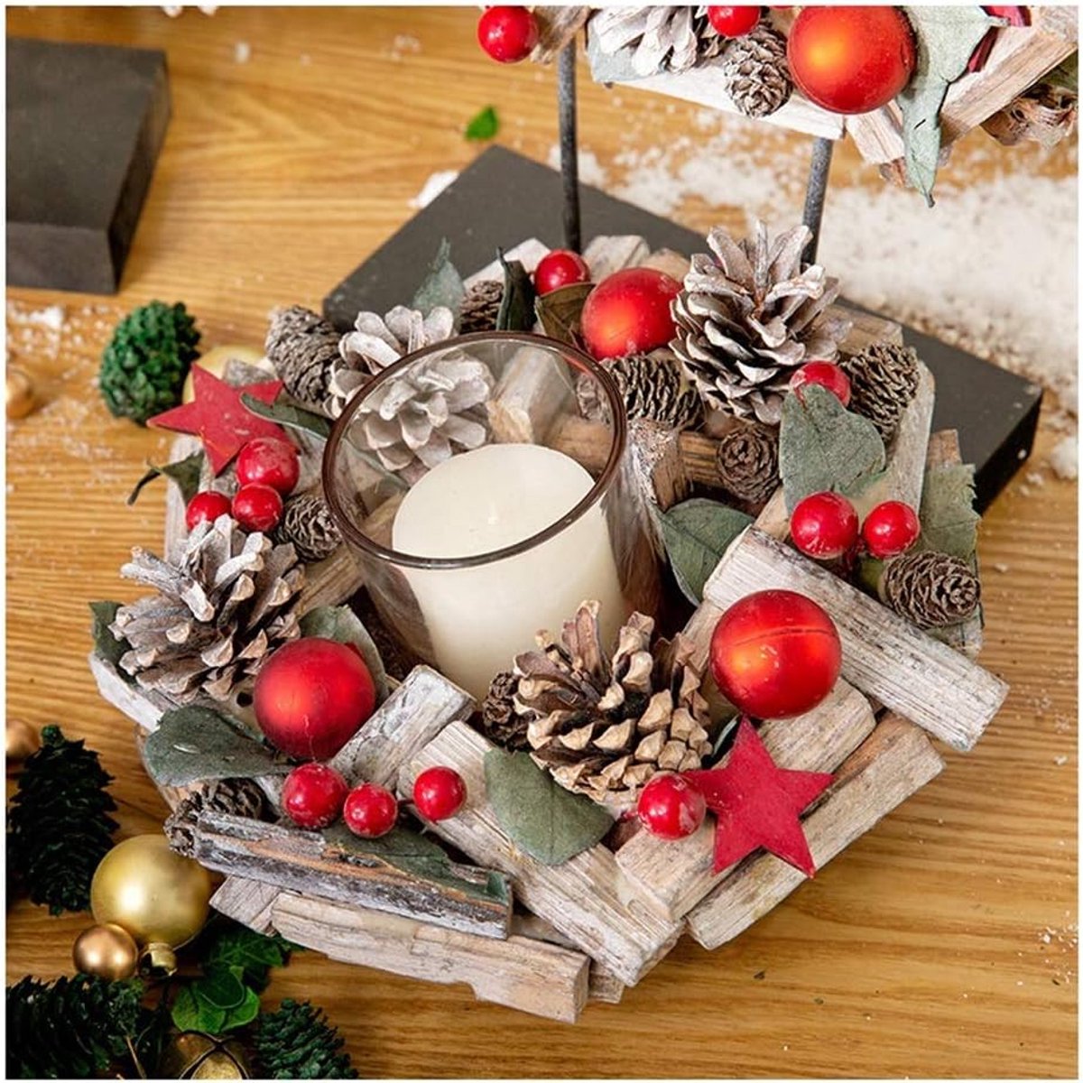 Kandelaar Decoratie - Houten Kaarsenhouder - Feestelijke Sfeer Creëren - Natuurlijke Materialen - 40 cm Hoog - Houtkleurig