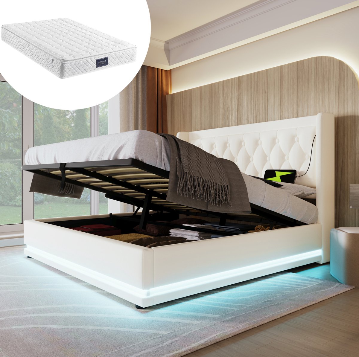 MEUNIQ gestoffeerd tweepersoonsbed 140x200 cm met hydraulische opbergruimte, USB en USB-C in hoofdbord, 3-zijdige LED-verlichting, kunstleer, wit