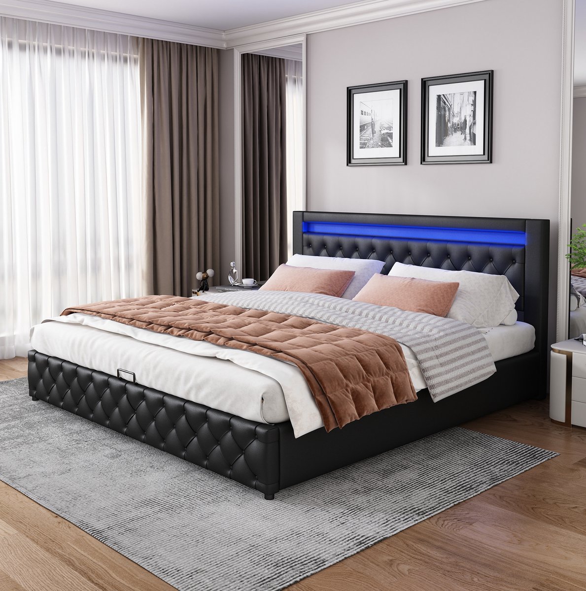 MEUNIQ gestoffeerd bed 160 x 200 cm met lattenbodem, opbergruimte onder bed en LED-hoofdbord, tweepersoons bedframe voor slaapkamer of logeerkamer, zwart