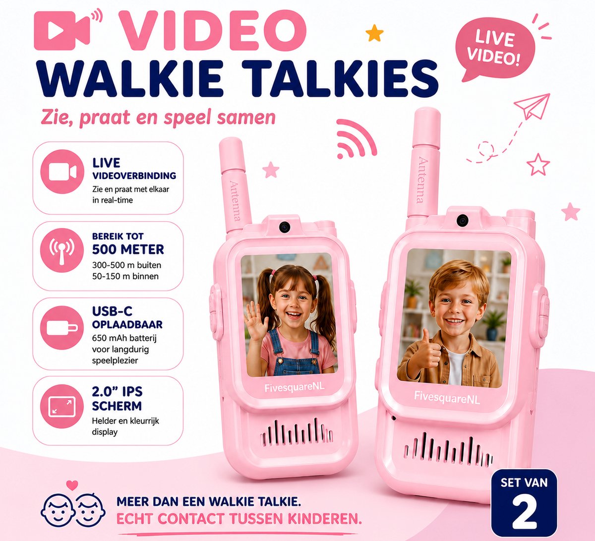 FivesquareNL Video Walkie Talkie voor Kinderen – Real-Time Videochat – 2.0" IPS Scherm – 300-500 Meter Bereik – Oplaadbaar – Set van 2 – Roze & Roze