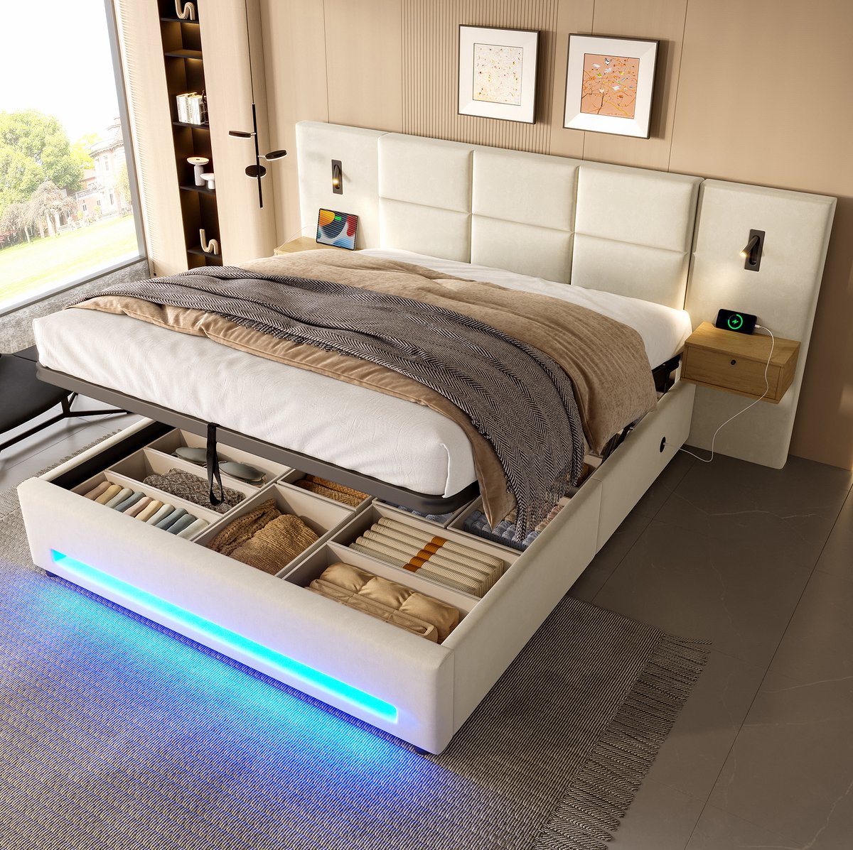 MEUNIQ tweepersoons bed 180x200 cm met opbergruimte, lades in hoofdbord, hydraulische bedberging, USB-C, LED-verlichting, metalen lattenbodem, beige