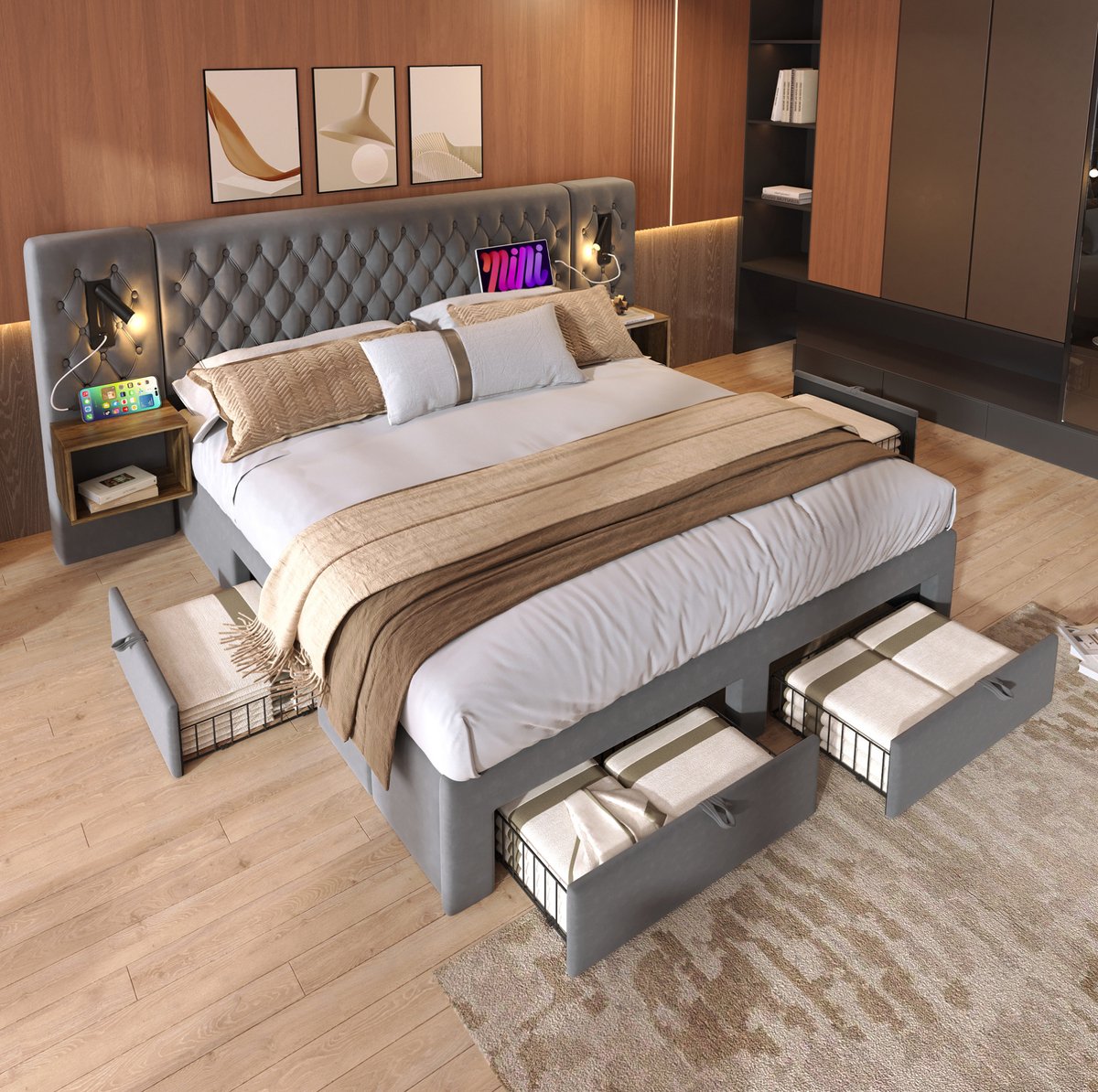 MEUNIQ tweepersoonsbed 180x200 cm met 2 nachtkastjes, 4 lades, leeslampen, USB en Type-C, 