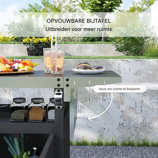 Buitenkeuken op Wielen - BBQ Trolley - Met Opbergkast & Planken - Werktafel voor Buiten - Staal & Metaal - Multifunctioneel - Zwart — afbeelding 3