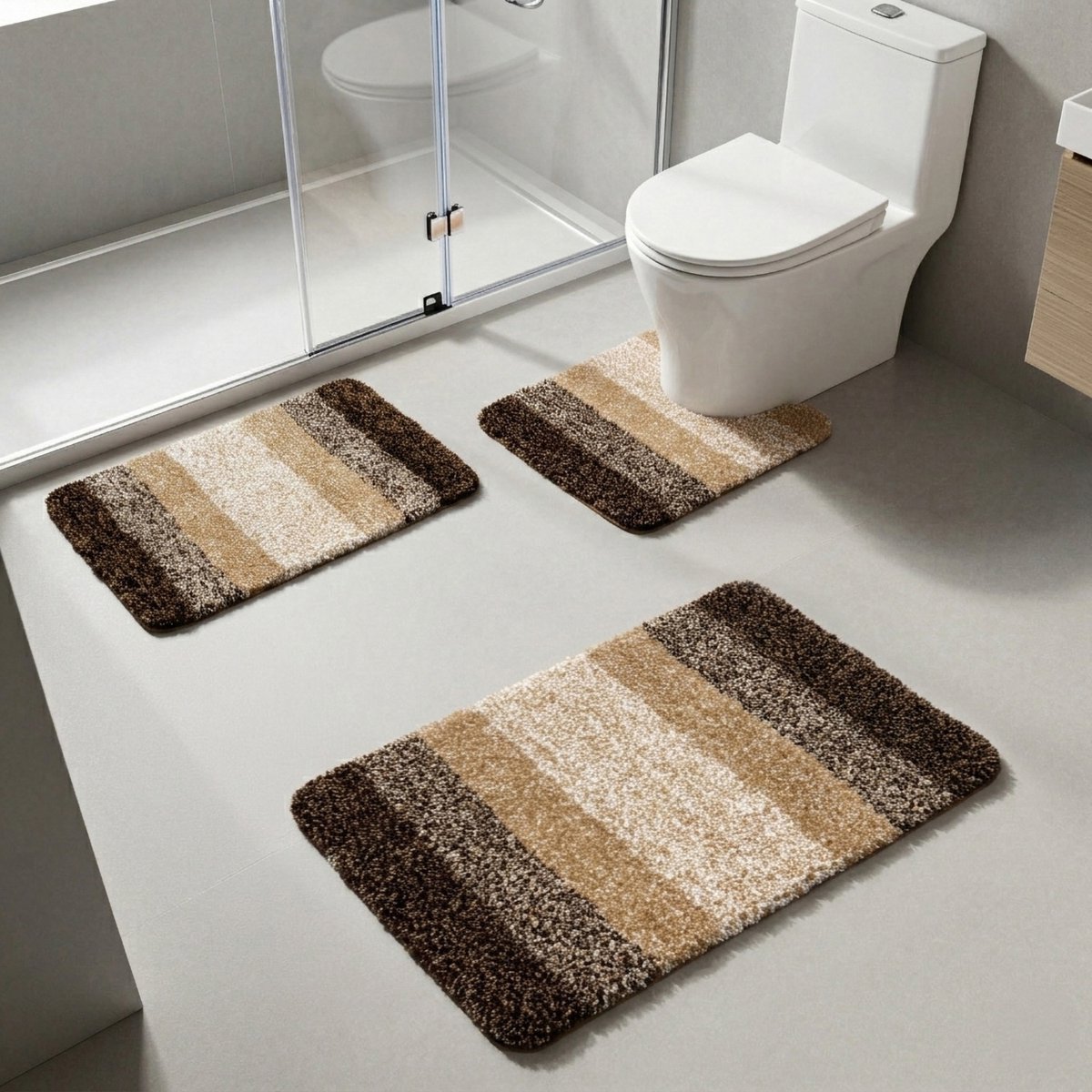 Luxe Badmat Set 3-Delig – Microvezel Badkamermatten – Antislip TPR – Super Zacht & Waterabsorberend – Machinewasbaar – Badkamer & Toiletmat Set – Bruin/Beige