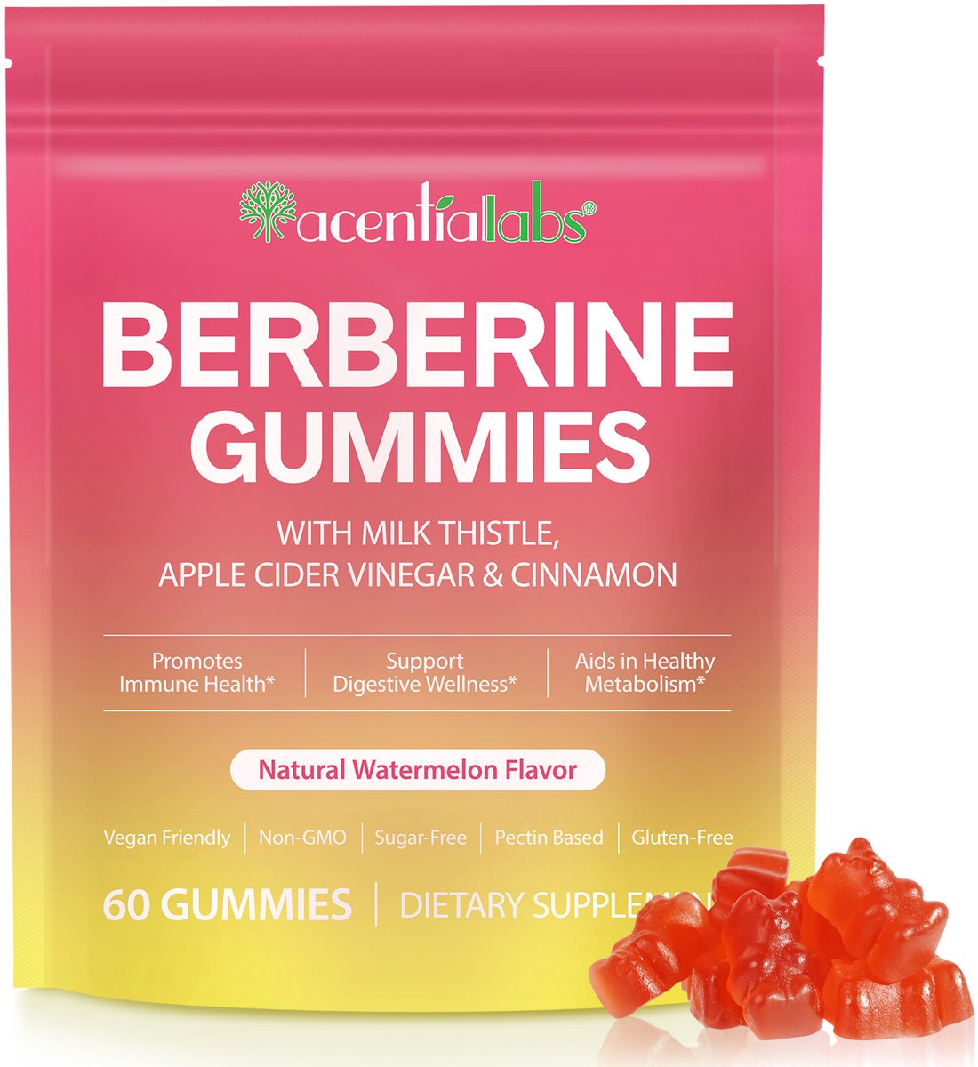 Acentiallabs Berberine Gummies - Voedingssupplement - Watermeloensmaak - 60 Gummies - Suikervrij