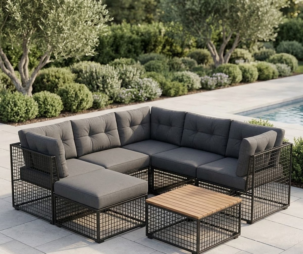 Luxe 7-delige Modulaire Loungeset – Poly Rattan Outdoor Tuinset met Kussens – Weerbestendige Balkon- en Terrasbank in Zwart/Dark Grey – Modern Tuinmeubilair Set Medahomestore
