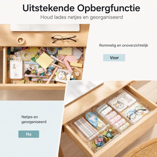 Een rommelige lade met kantoorbenodigdheden naast een georganiseerde lade met dezelfde items.