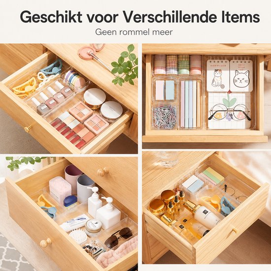 Lade organizers met make-up, kantoorartikelen en toiletartikelen.