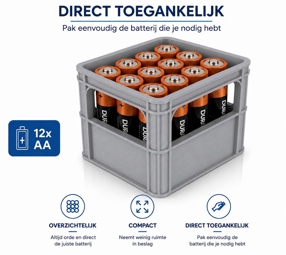 Battery Organizer AA – Batterijhouder voor 12 AA Batterijen – Opbergdoos Batterijen – Grijs