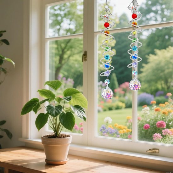 Grote Kristallen Zonnevanger 45 cm met Dubbele Spiraal en Chakra Kralen - Decoratief Windspel voor Binnen en Buiten van Merkloos — afbeelding 2