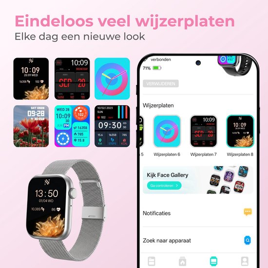 Nuvance Smartwatch Dames - Smartwatch Heren - Stappenteller Horloge Dames - Hartslagmeter - Sporthorloge - Geschikt voor iOS/Android - Incl. 5 Bandjes - Zilver