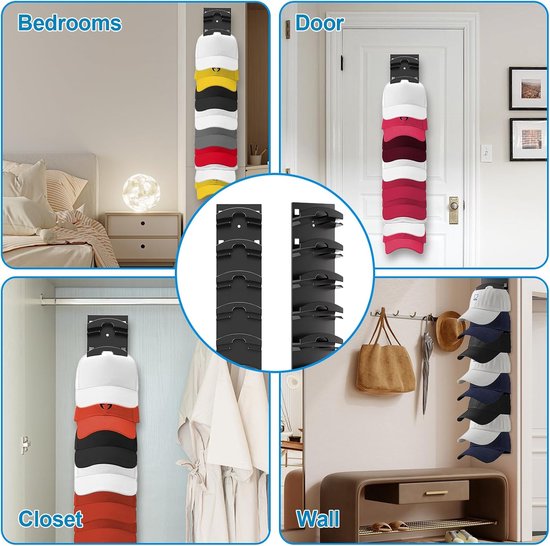Vier scenario's: cap rek in slaapkamer met witte, gele, grijze en rode petten; cap rek aan deur met witte en bordeauxrode petten; cap rek in kledingkast met witte, oranje en rode petten; cap rek aan muur met witte, blauwe en zwarte petten.