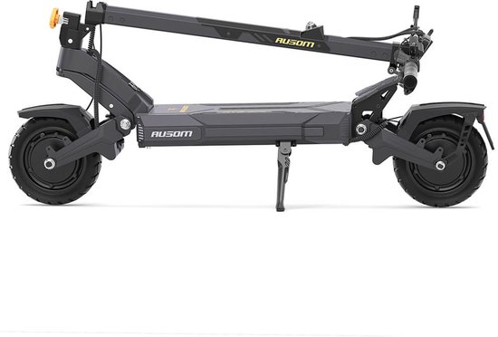 Grijze elektrische scooter van AUSOM, met de stuurkolom ingeklapt over het frame.