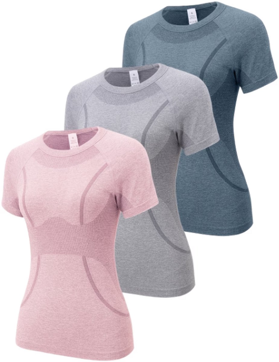 Gemengde kleur dames sportshirt set 3 stuks S Pilates T Shirt fitness shirt yoga shirt hardloop shirt korte mouwen ademend snel drogend naadloos trainings shirt