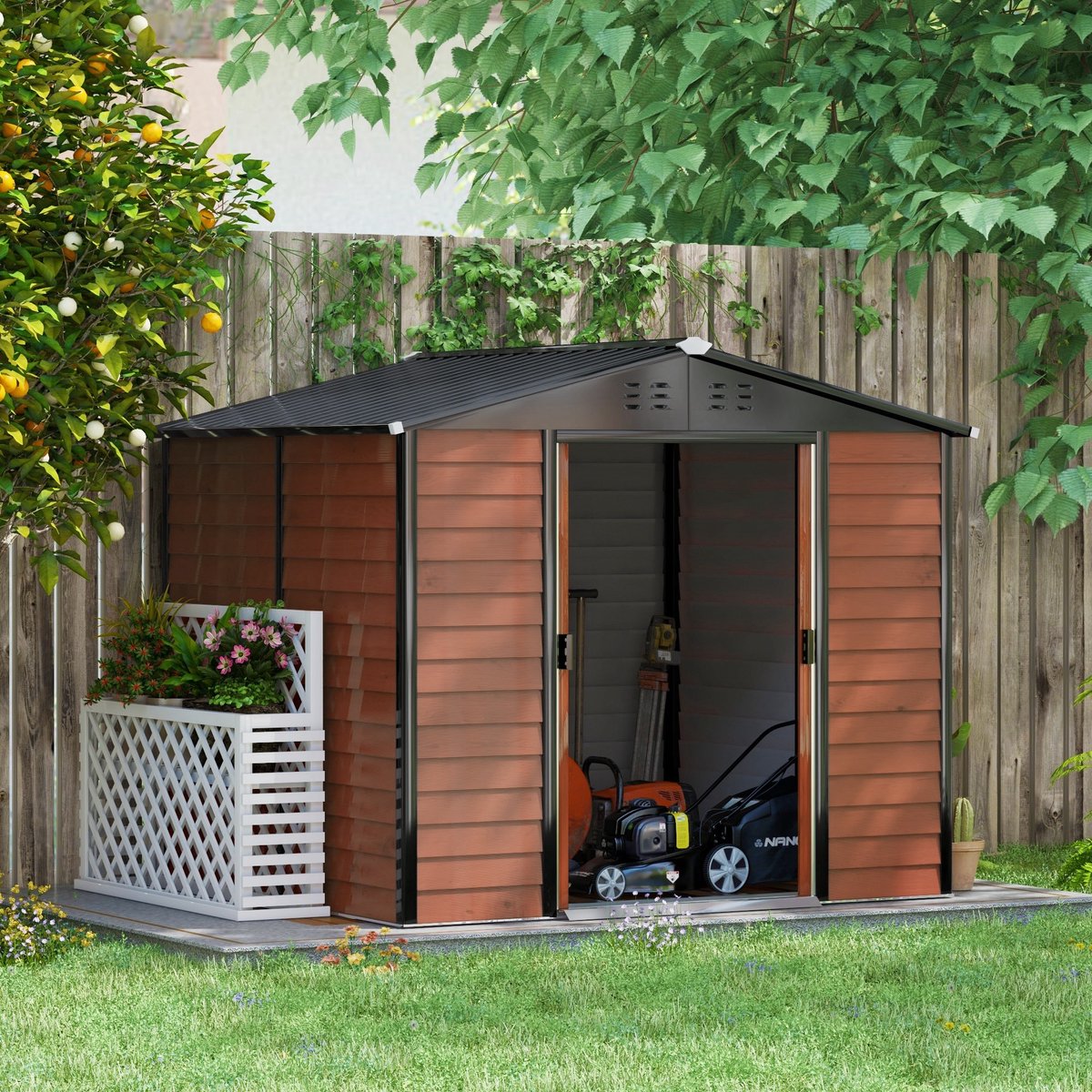 Tuinhuis Metaal, Metalen Schuurtje, Tuinberging Metaal, Gereedschapshok, Tuinschuur 4.4 m², Met Lessenaarsdak, Schuifdeur, Fundering, 240 X 206 X 198 Cm, Gemaakt Van Gegalvaniseerd Staal, Weerbestendig, Voor In De Tuin, Teak