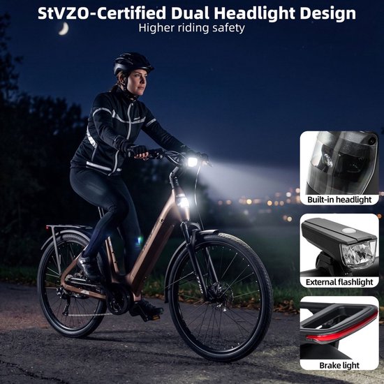 Elektrische Fiets TTGO Z5 - 250W MiddenMotor Stadsfiets - 36V18Ah Accu - 27.5 Inch Banden - Max Snelheid 25km/u - Max Bereik 110-130km - Shimano 9 Versnellingen - Bruin — afbeelding 3