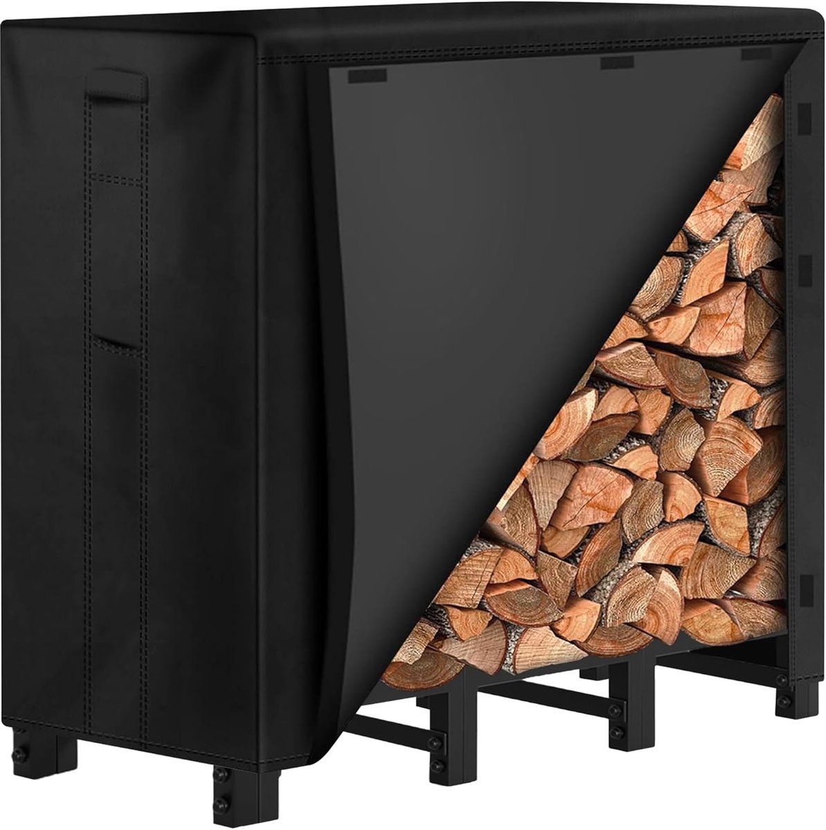 Brandhoutrek met afdekking - Houtopslag buiten - Hout droog houden - Verstelbare hoes - 122 cm breed - Zwart