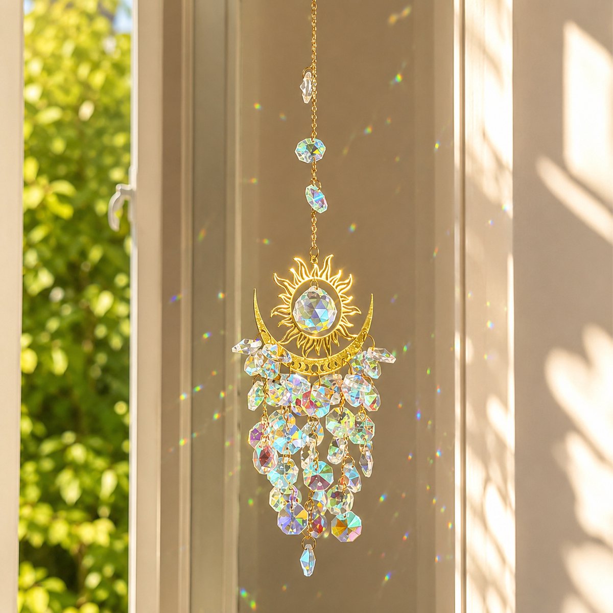 FLITI Kristallen Suncatcher Zon & Maan – Regenboog Raamhanger – Acryl Kristallen – 38 cm – 84 g – Goudkleurig – Voor Raam, Woonkamer & Tuin – 1 stuk Wit