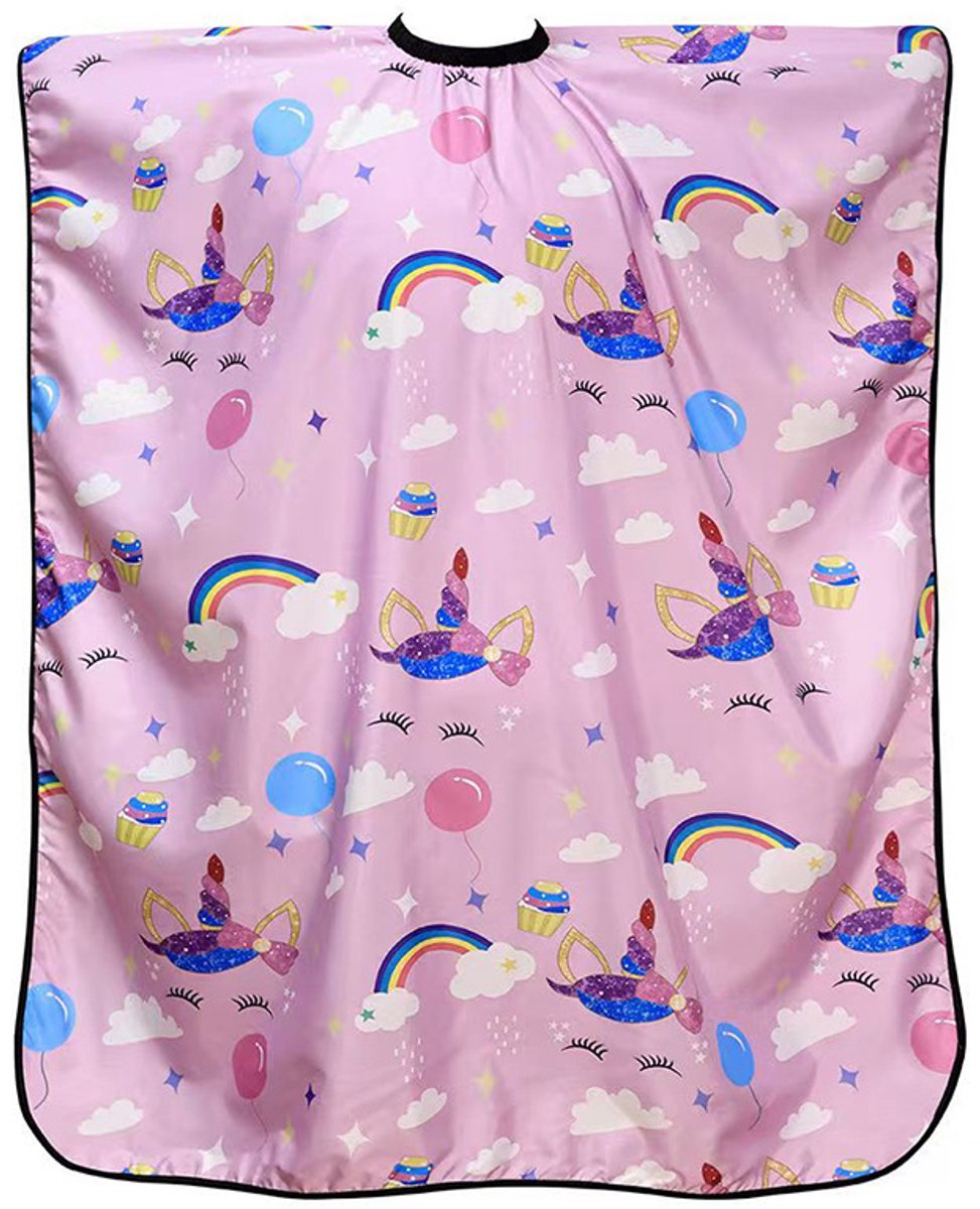 Paarse kinder knipkap 80x120cm, met glitter eenhoorn en regenboog print, waterafstotend elastische halsrand voor meisjes thuis en professionele kinder kapsalon