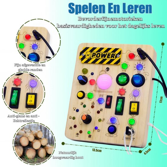 COOAU - Houten Busy Board met LED Verlichte Knoppen - Montessori Elektrische Schakelaar Sensorisch Spelbord voor Peuters - Fijne Motoriek Vroegonderwijs Leerspeelgoed voor Jongens Meisjes van Cooau — afbeelding 3