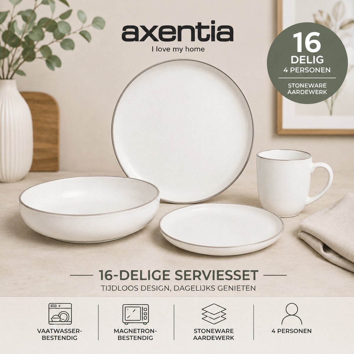 Axentia Serviesset 16-delig – 4 Personen – Borden, Kommen en Mokken – Vaatwasser- & Magnetronbestendig