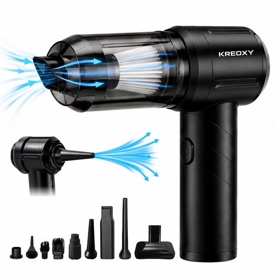 Zwarte Kreoxy kruimeldief met blauwe luchtstromen die zuigen en blazen tonen, inclusief accessoires.