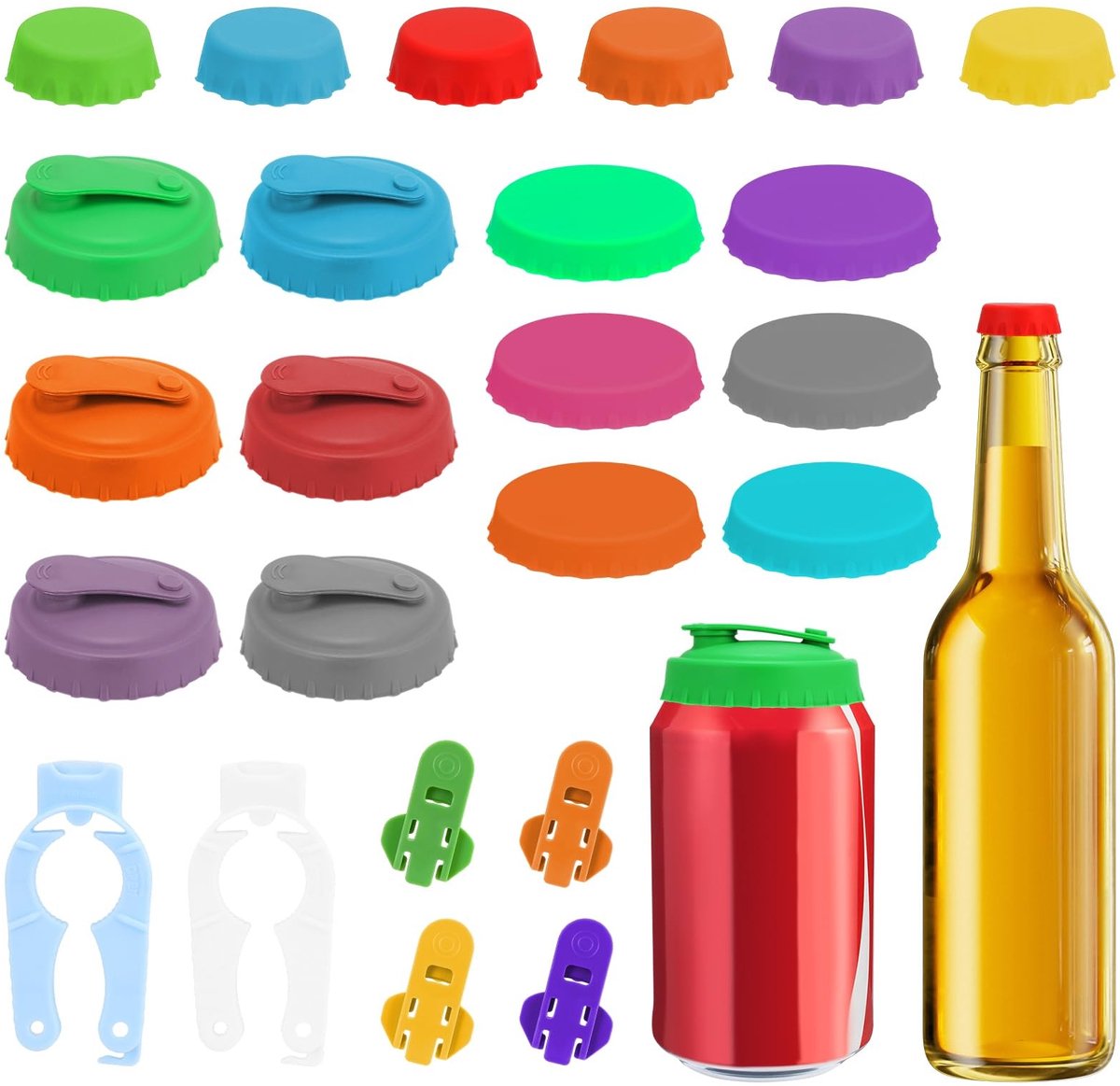 Dailygoods- Blikstoppen Set van 24 - Deksels 6,5 cm/3,2 cm - Siliconen - Luchtdicht - Flesopeners - Voedselveilig materiaal