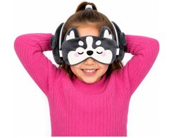 Relaxeazzz Relaxeazzz Reis set - Husky hond knuffel / reiskussen / slaapmasker - voor kinderen - in vliegtuig of auto