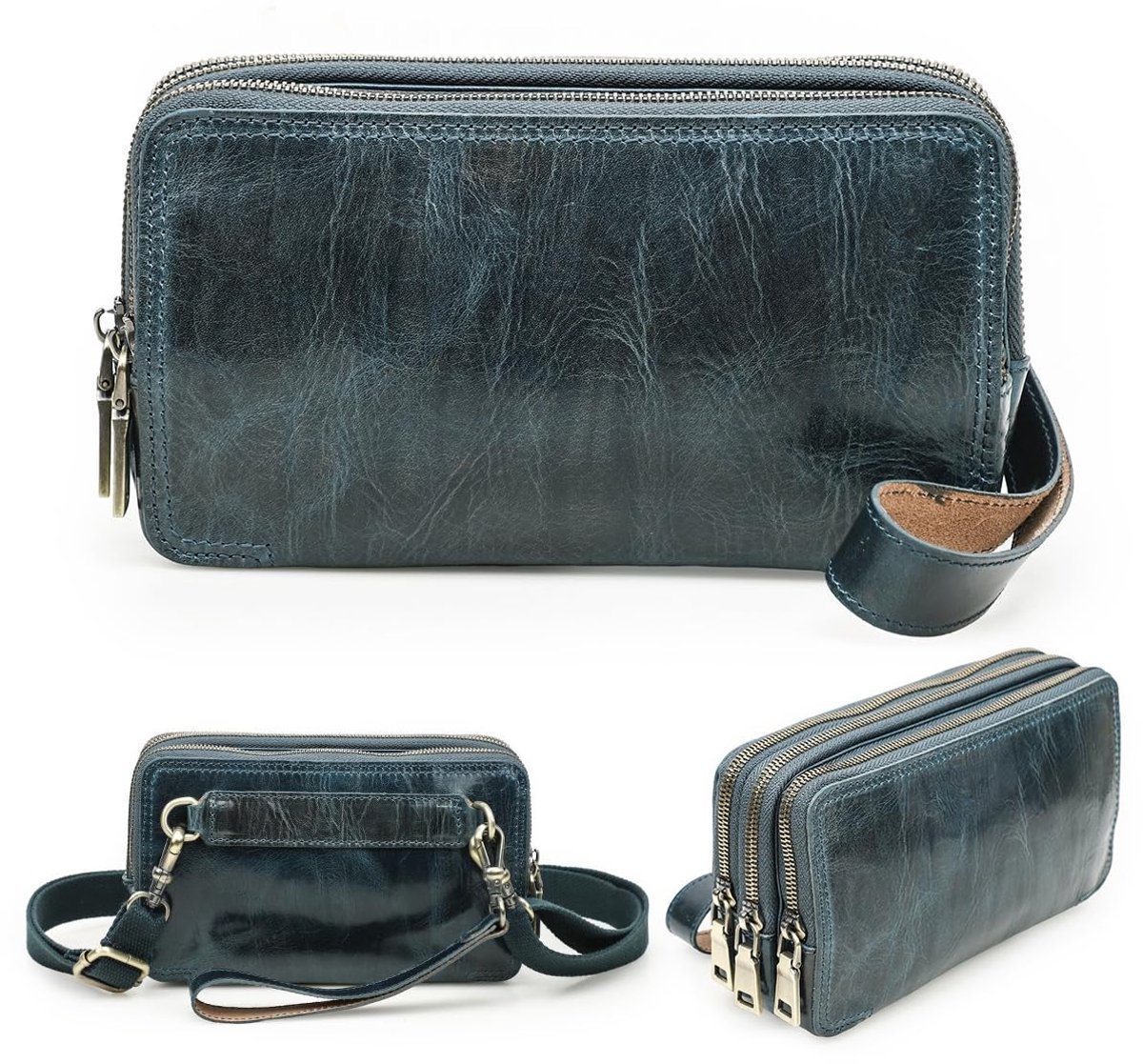 Dailygoods - Contacts Clutch handtas echt lederen polsbandje 3 rits portemonnee, unisex kleine crossbody tas, clutch portemonnee, schoudertas voor vrouwen/heren