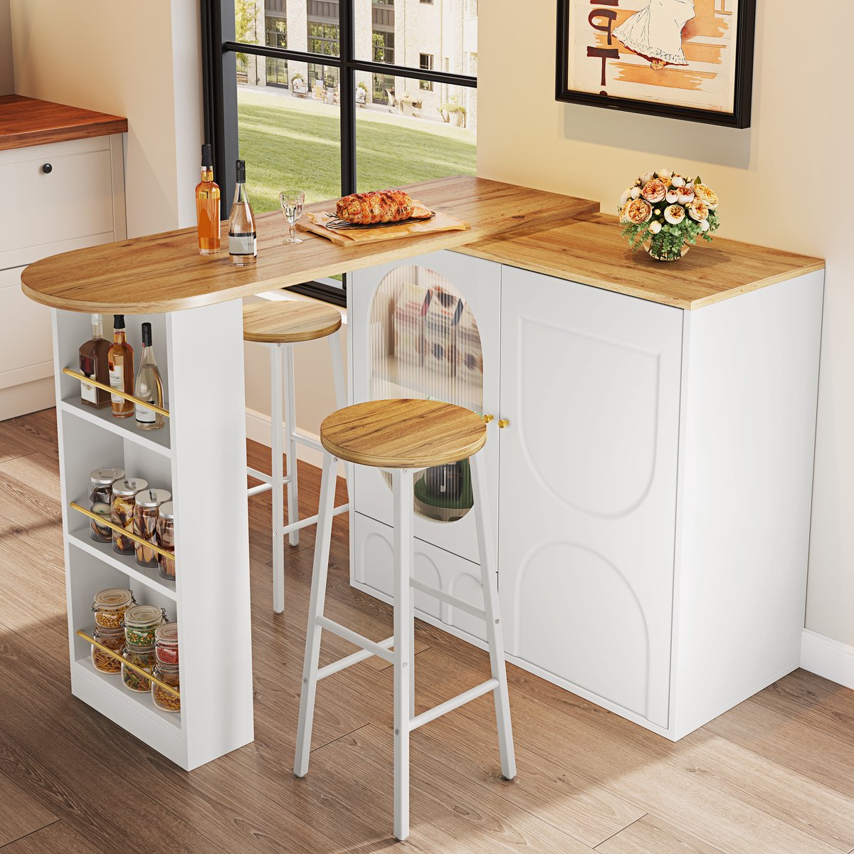 MIVRAY Barset 138/204 x 39 x 105 cm - Keukeneiland Met Opbergruimte En 2 Barkrukken - Keuken En Eethoek - MDF Metaal Wit