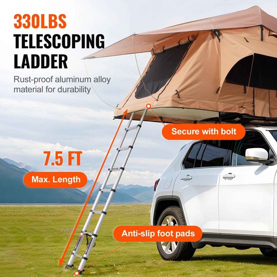 CORE Daktent - Autodaktent - Opvouwbare daktent - Harde schaal - 2 tot 3 personen - PVC hoes - Waterdicht - UV-bestendig - Inclusief verstelbare ladder - Voor SUV Pick-up Vrachtwagen etc. - Vouw afmeting 125.5x144x25.5cm - 265x336x132cm - Bruin van core — afbeelding 2