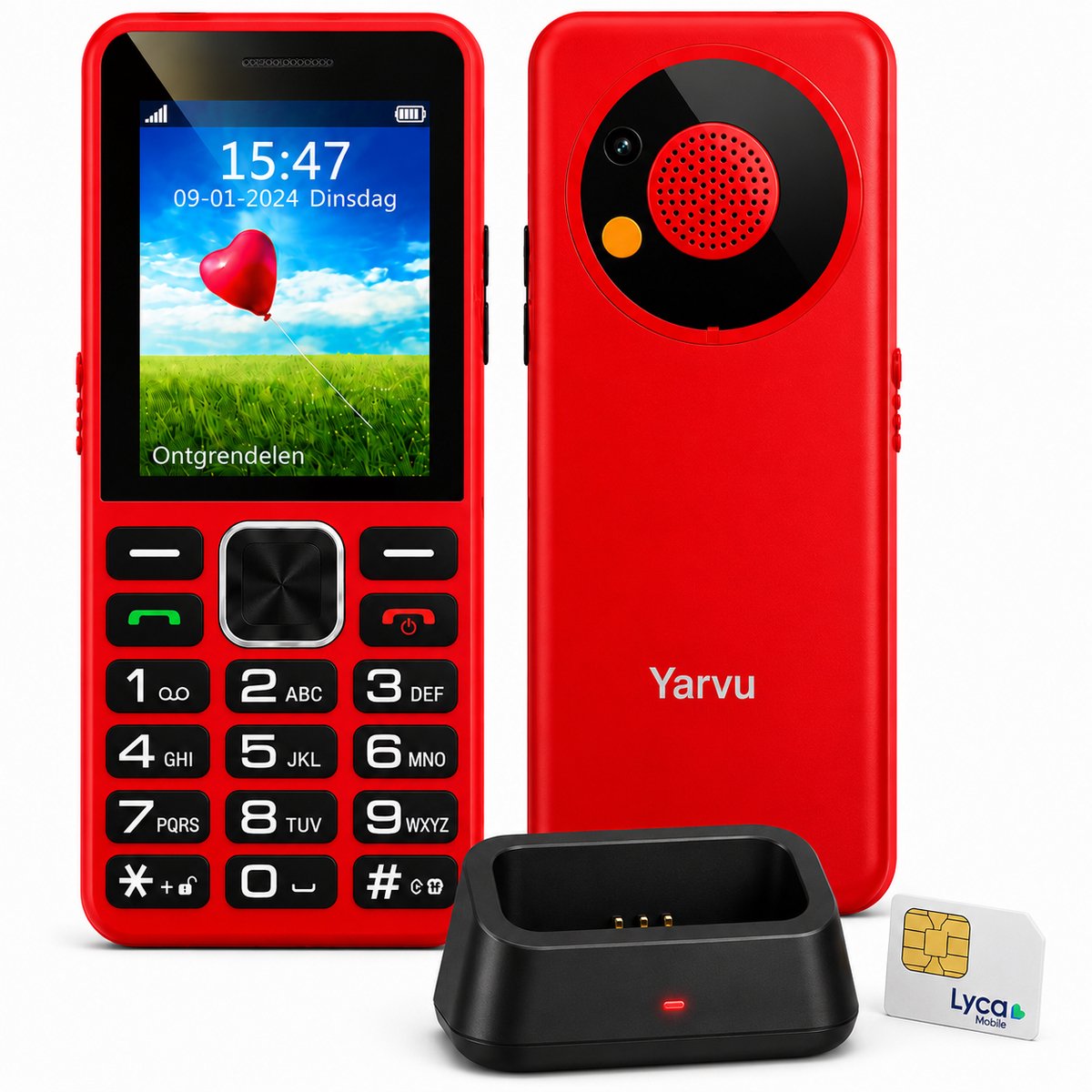 Yarvu ® - Uniwa 2 - Senioren Telefoon - 4G + Simkaart Geleverd - Met Oplaadstation - Dual Sim - SOS Functie - Design Mobiele GSM - Mobiel - Nederlandstalig Menu - Rood