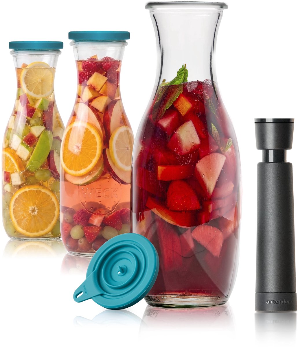 Airtender Instant Sangria Maker 1000ml (3st.) | 3x Vacuüm Sangriakaraf van glas | 3x Vacuümdeksel + GRATIS -pomp | Maak razendsnel de lekkerste Sangria! | Zonder vacuüm te gebruiken | Vacuüm versnelt de infusie (duurt 15-30min) en creëert meer smaak