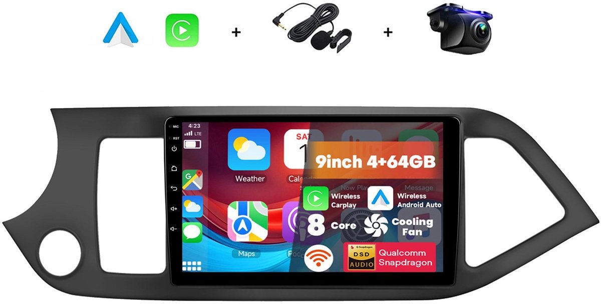 Boscer 2 Din Android 15 Autoradio - Geschikt voor Kia Picanto (2011-2017) - Draadloos Apple Carplay & Android Auto - 8-Core 4+64GB - Interne Koeling - 9 Inch HD IPS Touchscreen - GPS Navigatie - WIFI, Bluetooth & USB - Achteruitrijcamera & Microfoon
