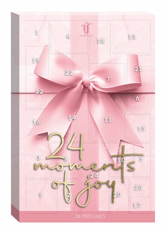 Calendrier de l'avent rose avec 24 cases, inscription dorée "24 moments of joy" et un grand nœud rose.