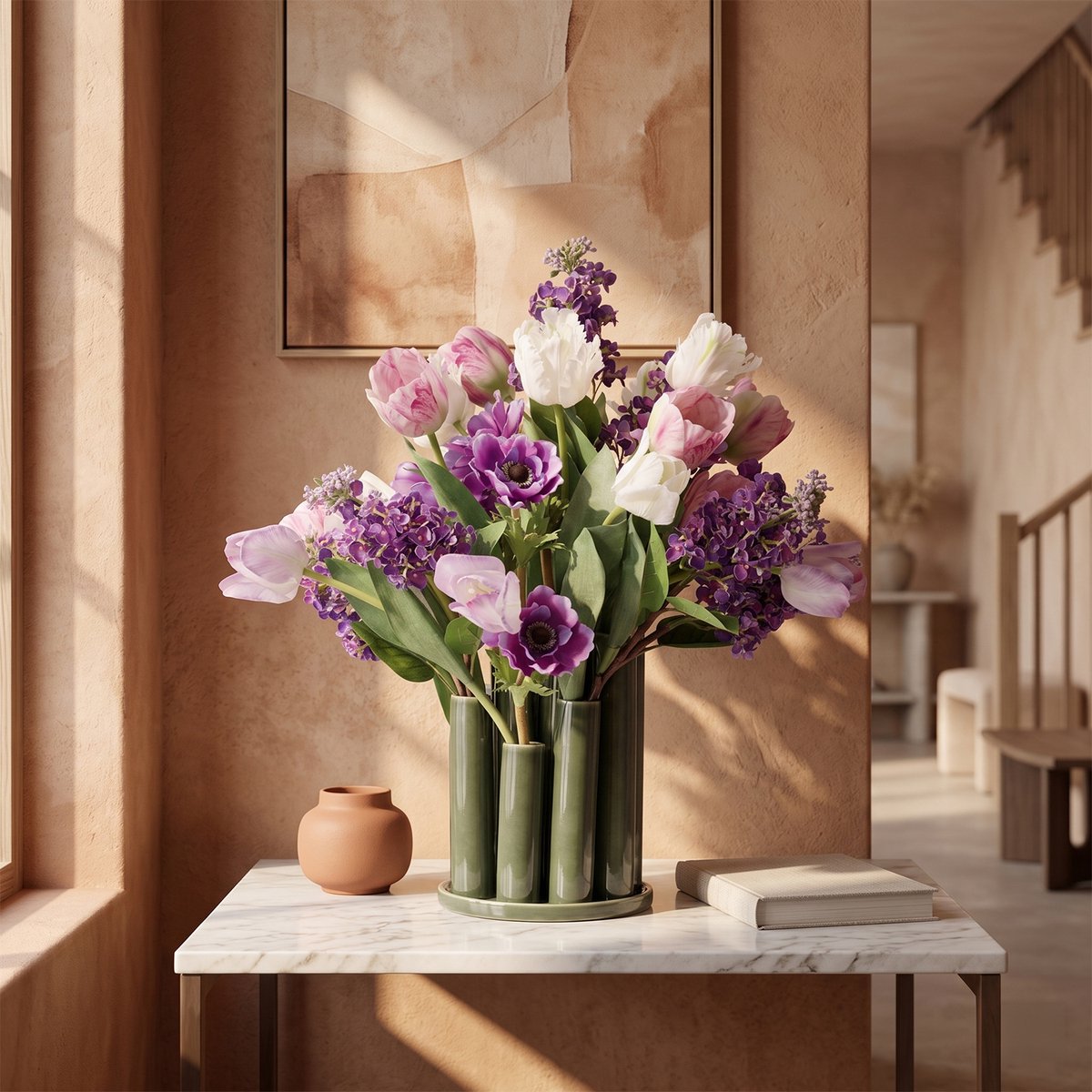 Kunstboeket Iris Istanbul 60cm inclusief twisted tubevaas